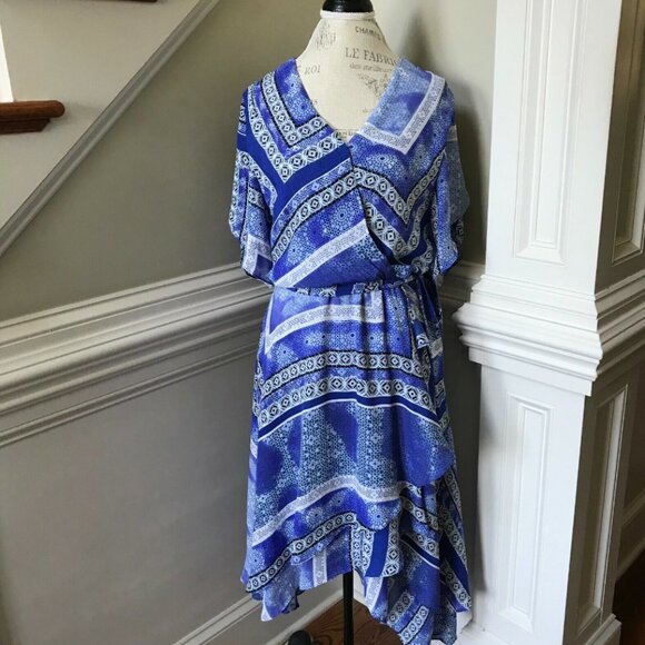 Parker Dominica Midi Dress Womens Medium Blue White Faux Wrap Dolman Sleeve - Picture 3 of 11
